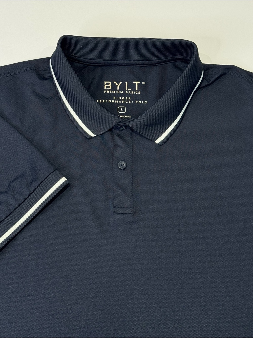 BYLT Premium Basics Men's Large Ringer Performance Polo Short Sleeve Navy Blue